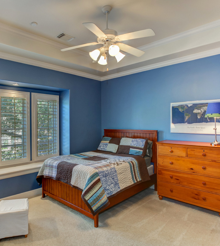 carpeted bedroom with a ceiling fan and natural light